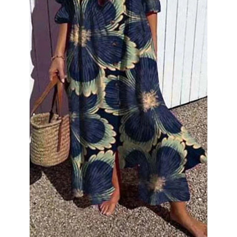 Women's Maxi Dress Shirt Dress Casual Dress Stylish Casual Vacation Daily Regular Fit Floral 3/4 Length Sleeve Shirt Collar Red Navy Blue Summer3