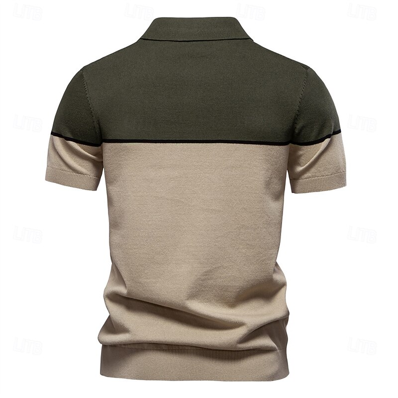 Men's Polo Knit Polo Sweater Formal Work Seagull collar Short Sleeve Color Block Patchwork Summer Navy Blue Khaki Army Green Polo2