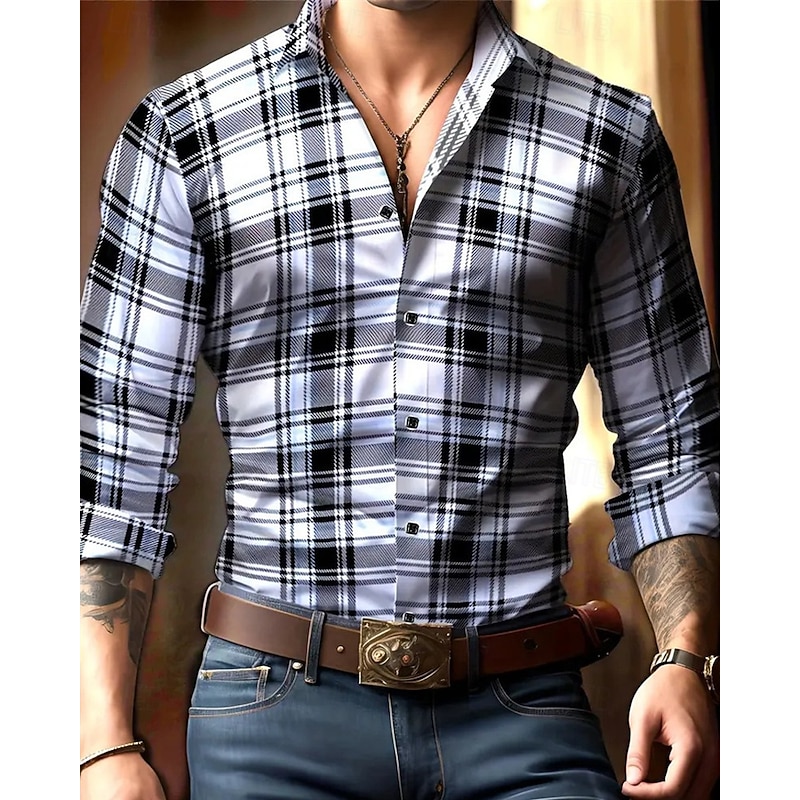 Men's Shirt Summer Shirt Casual Shirt Button Up Shirt Light Khaki Black khaki Gray Long Sleeve Plaid Lapel Vacation Hawaiian Buttons Clothing Apparel Polyester Fashion Casual Comfortable3