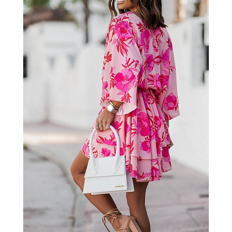 Women's Mini Dress Casual Dress Summer Dress Print Dress Fashion Outdoor Holiday Date Regular Fit Floral Long Sleeve V Neck Pink Purple Orange Summer Spring3