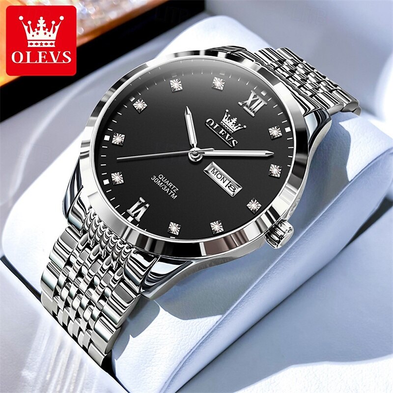 New Olevs Men'S Business Watch Diamond-Encrusted Glow-In-The-Dark Double Calendar Week Display Multi-Functional Quartz Watch Casual Waterproof Sports Watch