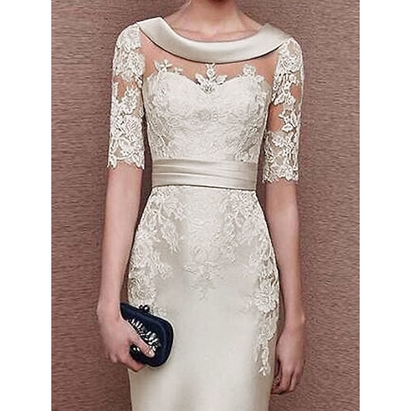 Sheath Mother of the Bride Dress Wedding Guest Elegant Vintage Jewel Neck Knee Length Satin Lace Short Sleeve with Appliques Race Day Dress3