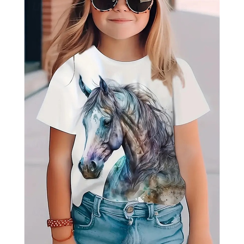Girls' 3D Graphic Horse T shirt Tee Short Sleeve Summer Spring Fashion Basic Kids 4-12 Years Crew Neck Outdoor Casual Daily Regular Fit3