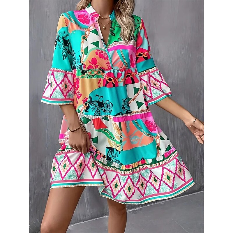 Women's Long Dress Maxi Dress Casual Dress A Line Dress Elegant Stylish Basic Flared Sleeve Vacation Daily Regular Fit Geometric Half Sleeve V Neck Blue Green Summer Spring4