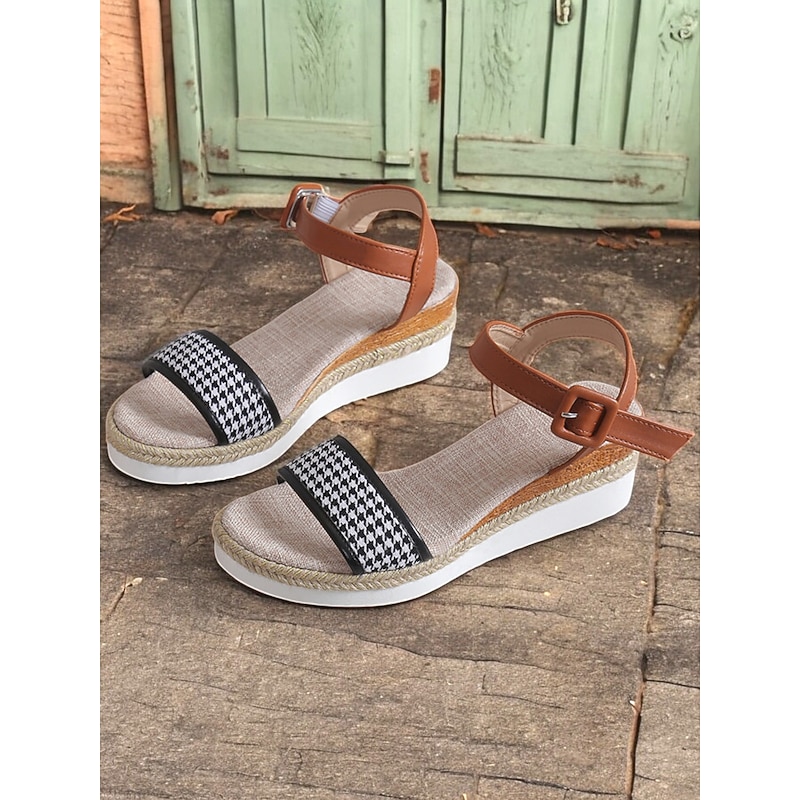 Women's Houndstooth Espadrille Wedge Sandals with Ankle Strap – Casual Summer Platform Sandals for Vacation and Daily Wear3