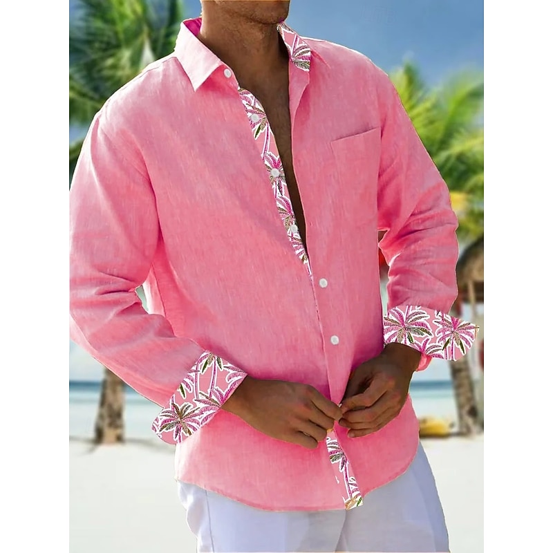 Men's Shirt Summer Shirt Casual Shirt Beach Shirt Button Up Shirt Yellow Pink Green Gray Long Sleeve Plain Pattern Lapel Vacation Hawaiian Button-Down Clothing Apparel Polyester Fashion Casual