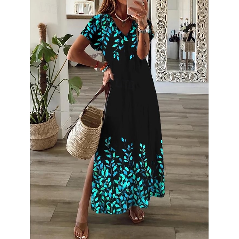 Women's Maxi Dress Paisley Dress Casual Dress Long Sleeve Boho Dress A Line Dress Bohemia Vacation Vintage Vacation Daily Regular Fit Floral Short Sleeve V Neck Black Pink Blue Sky Blue Summer4