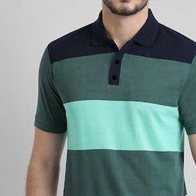 Men's Stripes Rugby Polo Short Sleeve Polo Shirts Collared Shirts Casual School Outdoor Sports Daily Wear 3D Print Summer Green2