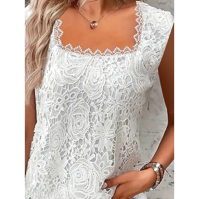 Women's Camisole Tank Top Solid Color Stylish Casual Sleeveless Square Neck Regular Tops Daily Lace Patchwork Black White Pink Red Blue Summer Spring2