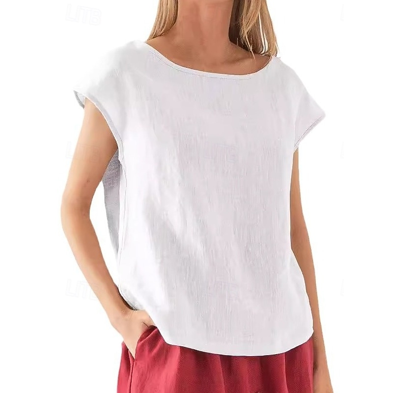 Women's Shirt Blouse Cotton Linen Shirts Solid Color Basic Casual Short Sleeve Crew Neck Regular Tops Daily Black White Pink Army Green Blue Summer