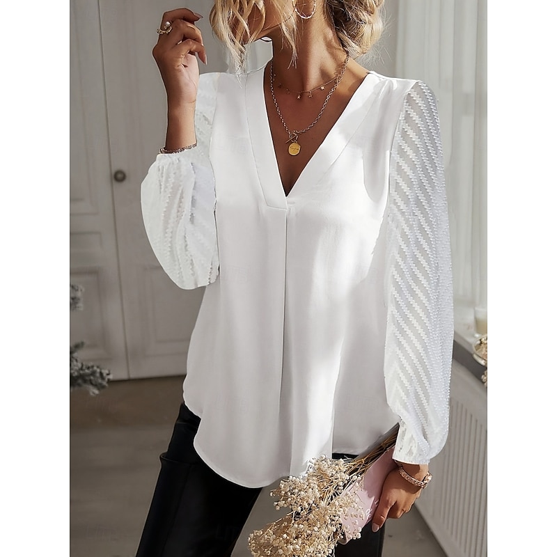 Women's Shirt Blouse Solid Color Stylish Casual Long Sleeve V Neck Regular Tops Daily Lace Patchwork White Summer Spring
