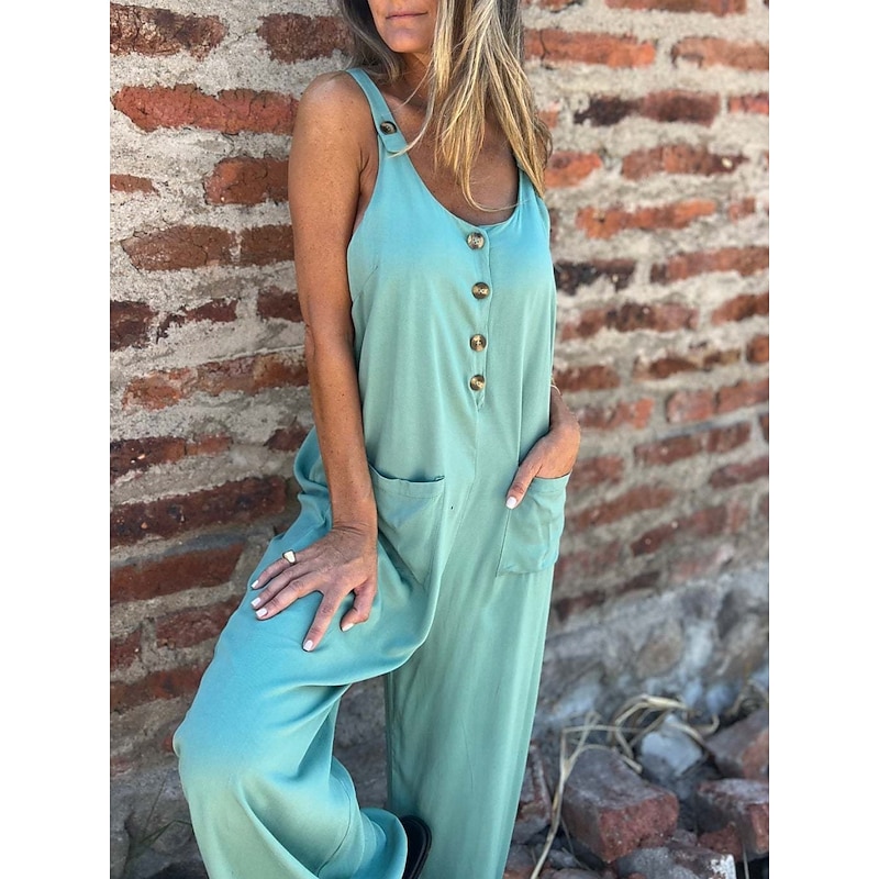 Women's Normal Jumpsuit Active Solid Color Sleeveless U Neck Buttons Pocket Vacation Daily Regular Fit Black White Blue Summer