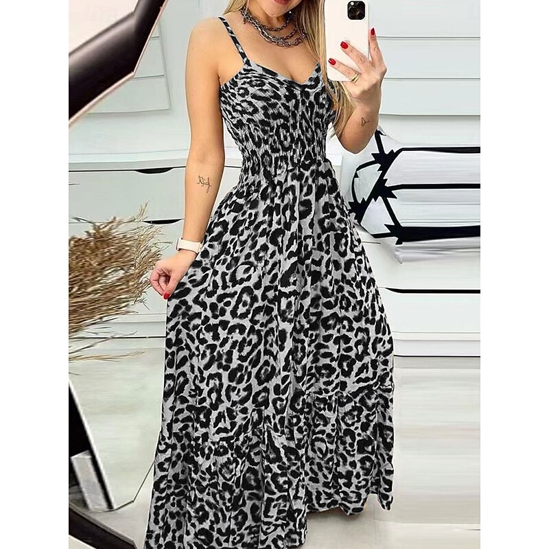 Women's Maxi Dress Casual Dress Maxi Dress Stylish Sexy Casual Vacation Casual Daily Regular Fit Leopard Sleeveless V Neck Red Blue Gray Summer Spring