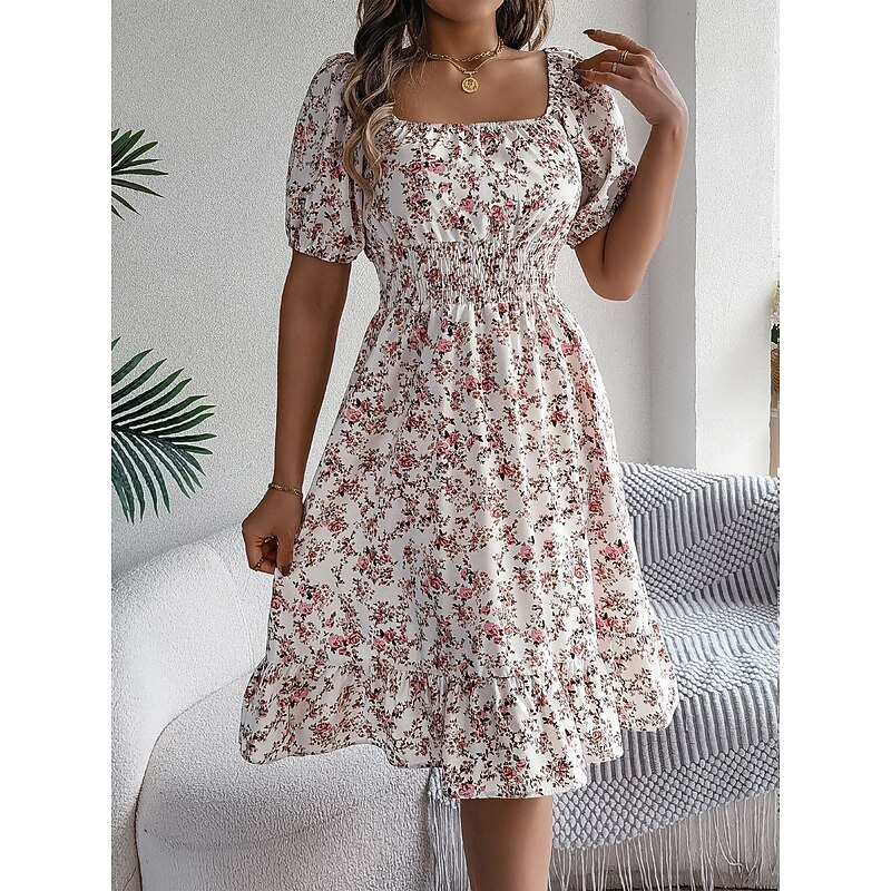 Women's Midi Dress A Line Dress Milkmaid Dress Midi Dress Smock Dress Bohemia Cute Stylish Puff Sleeve Vacation Home Party Form Fit Floral Short Sleeve Square Neck Black White Yellow Red Summer3