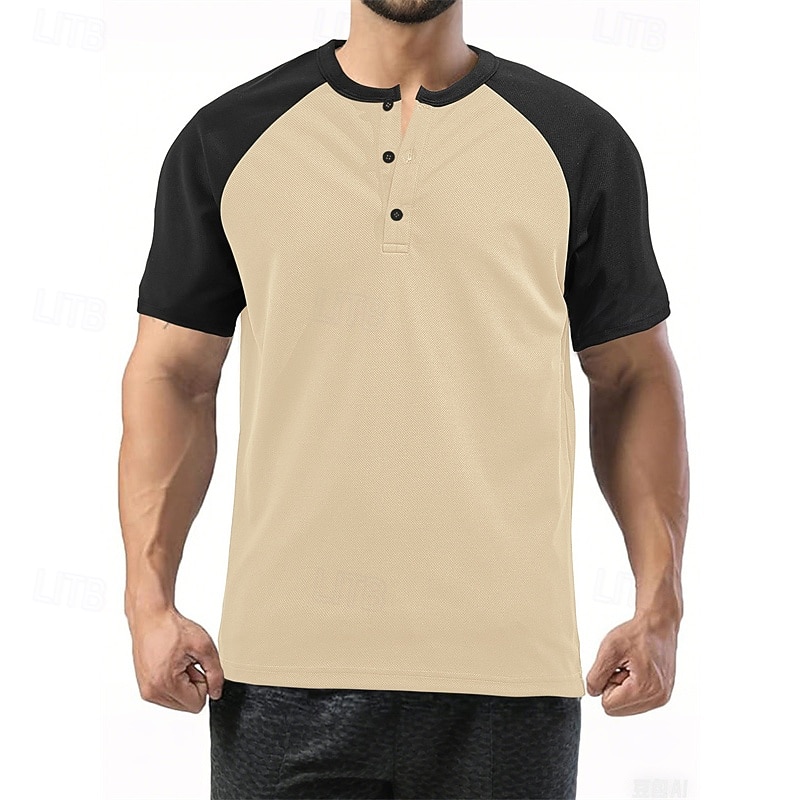 Men's Button T Shirt T Shirt Henley Shirt Tee Short Sleeve Henley Summer Color Block Fashion Designer Basic Patchwork Vacation Street Going out White Wine Camel Top Tee for Men4