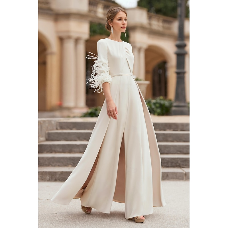 Jumpsuit Formal Wedding Mother of the Bride Elegant Vintage Floor Length Stretch Chiffon Half Sleeve with  Race Day Dress