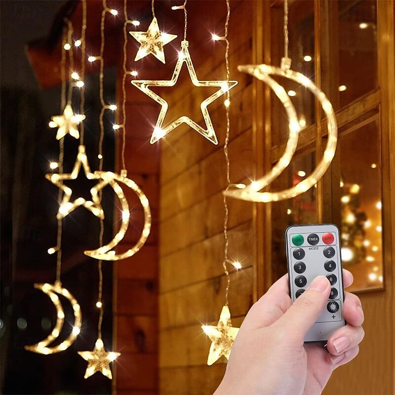 Ramadan Festival Light with Remote Control 3.5m 120LEDs Star Moon Curtain Light 8 Modes Wedding Birthday Party Outdoor Waterproof Tent Bedroom Living Room Balcony Garden Decorative Light