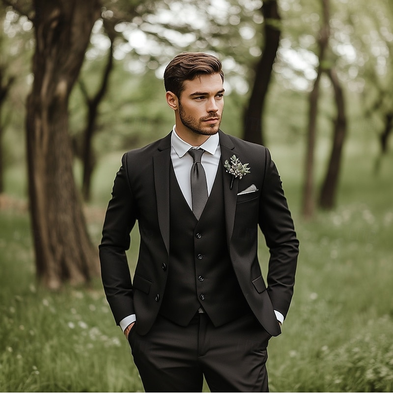Men's Wedding Suits Black Daily Business Solid Colored Standard Fit 3 Piece Single Breasted Two-buttons2