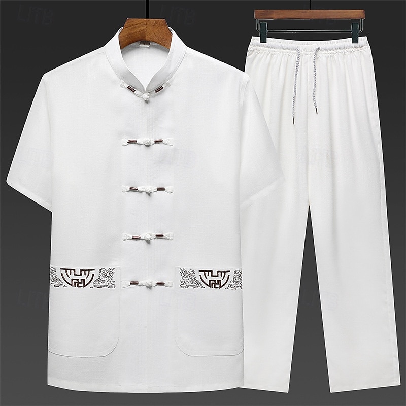 Men's Shirt Shirt Set Summer Shirt Casual Shirt Beach Shirt Button Up Shirt White Navy Blue Green Light Grey Dark Gray Short Sleeve Plain Stand Collar Vacation Hawaiian 2 Piece Clothing Apparel2