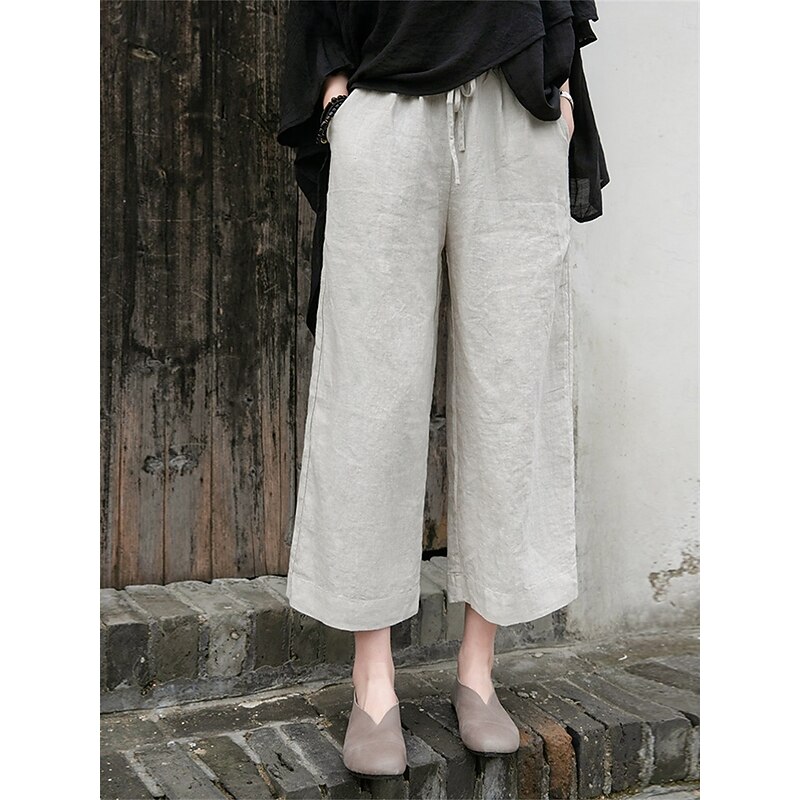 Women's Cotton Linen Shorts Linen-Inspired Pants Cotton Linen Pants Fashion Streetwear Basic Ankle-Length Medium Waist Plain Pocket Drawstring Comfort Outdoor Micro-elastic Vacation Street Daily rice2