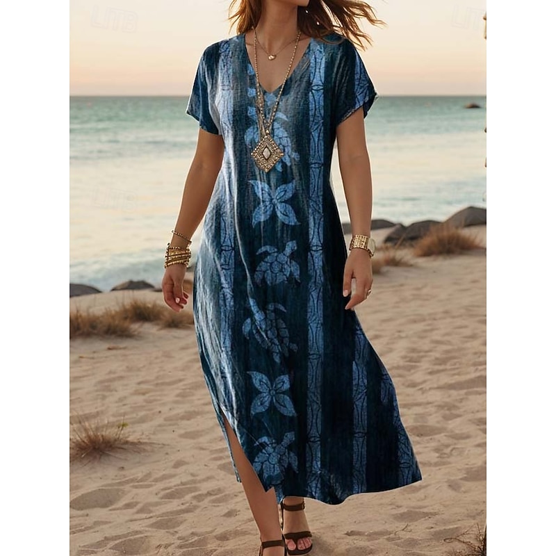 Women's Maxi Dress Casual Dress A Line Dress Stylish Casual Vacation Daily Regular Fit Floral Vintage Short Sleeve V Neck Light Green Blue Purple Dark Blue Summer Spring3