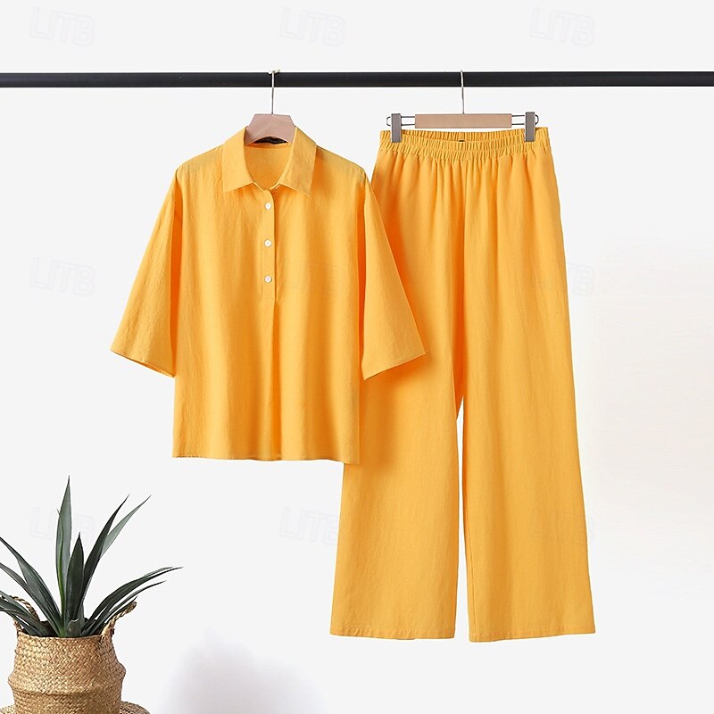 Women's Fashion Streetwear Shirt Linen-Inspired Sets Two Piece Sets Wide Leg Pants Linen Pants Pants Trousers Long Sleeve Shirt Collar Solid Color Daily Wear Date Yellow Navy Blue Gray Spring Regular4