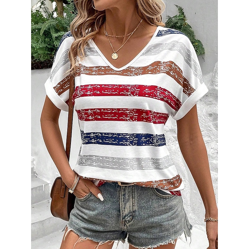 Women's T Shirt Striped Stylish Casual Short Sleeve V Neck Regular Tops Daily Print Red Summer