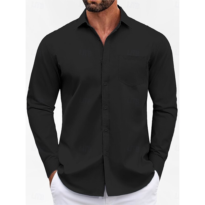 Men's Classic Casual Shirt Homecoming Standard Fit Long Sleeve Lapel Solid Color Polyester Black Sky Blue Grey 20254
