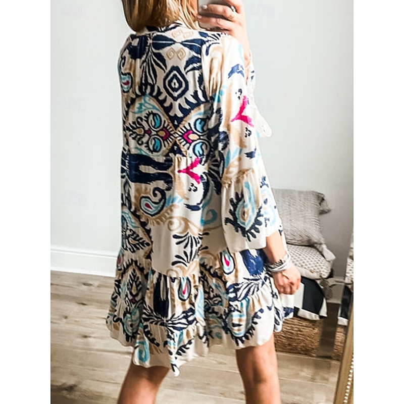 Women's Mini Dress Petite Dress Casual Dress Boho Dress Bohemia Vintage Ethnic Vacation Daily Regular Fit Floral Long Sleeve V Neck Blue Summer Spring2