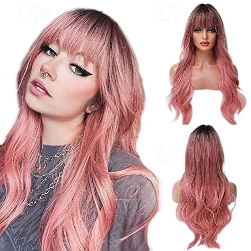 Long Curly Wigs with Bangs for Women Heat Resistant Synthetic Wavy Wigs for Daily/Party/Cosplay2