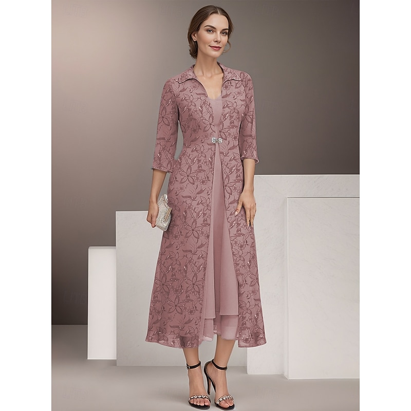 Two Piece Mother of the Bride Dress Elegant Vintage Shirt Collar Tea Length Chiffon 3/4 Length Sleeve Floral Lace Jacket Dresses4