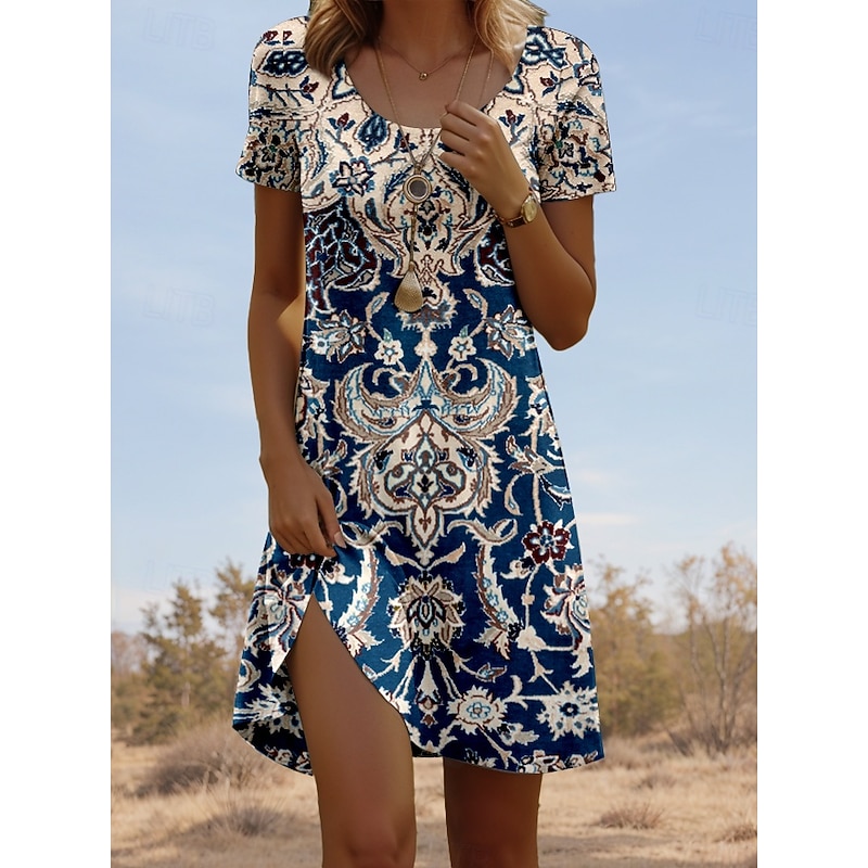 Women's Mini Dress Casual Dress Vintage Casual Daily Regular Fit Geometric Color Block Short Sleeve Crew Neck Wine Blue Green Gray Summer