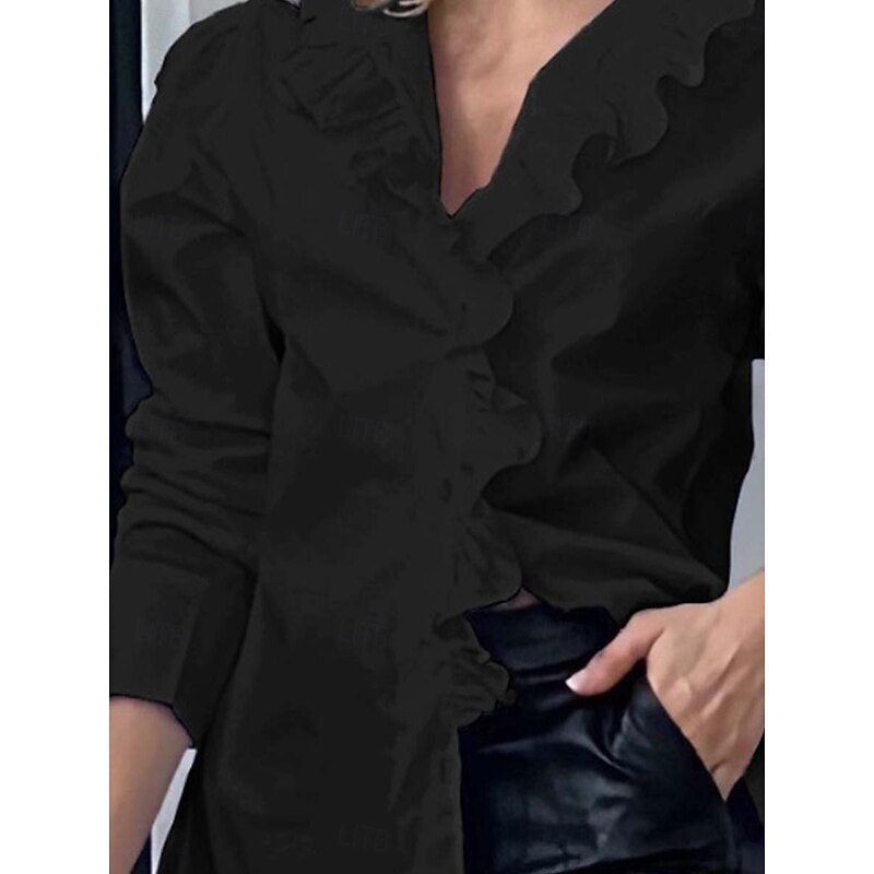 Women's Shirt Elegant 3/4 Length Sleeve V Neck Regular Tops Black Summer Spring3