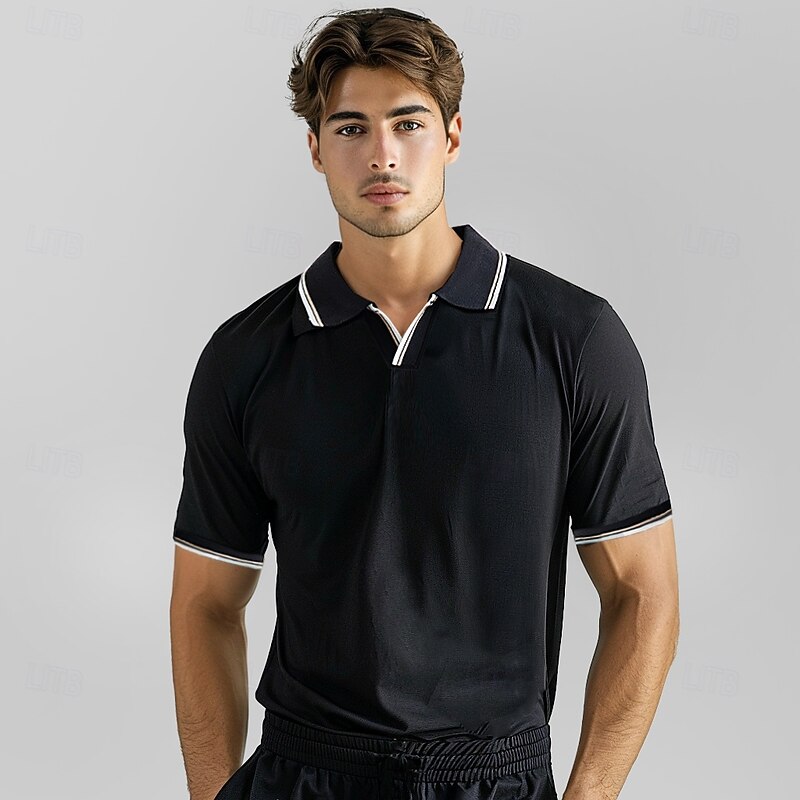 Men's T Shirt Fold-over Collar V Neck Training Short Sleeve Stripe-Trim Color Block Clothing Apparel Vacation Vintage Neutral Fashion