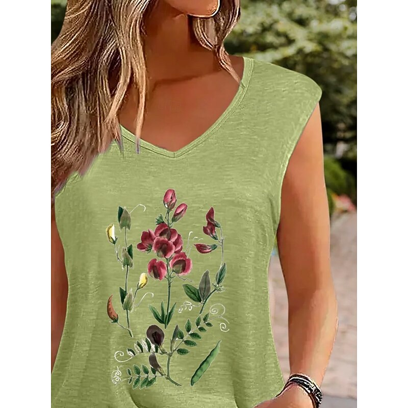 Women's Camisole Tank Top Floral Stylish Casual Short Sleeve V Neck Regular Tops Daily Print White Light Green Summer2