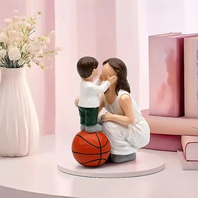 Love Theme Resin Figurine - 1pc Mother and Son Basketball Statue for Living Room Decor - No Electricity Needed, Ideal for Wedding, Housewarming, Mother's Day, Christmas, Halloween, Easter, Hanukkah, T4