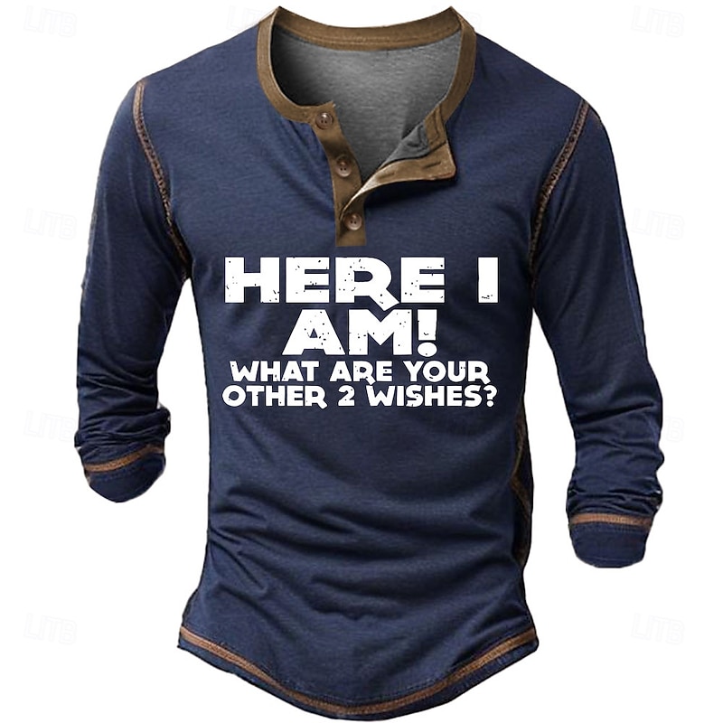 Men's Graphic Letter I Talk To Myself Henley Shirt Tee Long Sleeve Vintage Fashion Designer Outdoor Casual Daily Spring &  Fall Black Navy Blue Military Green Henley Henley T-Shirt