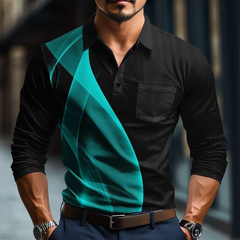 Men's Geometic Line Polo Long Sleeve Polo Shirts Collared Shirts Business Casual Business Athleisure Daily Wear Buttons 3D Print Spring Fall Winter Lake blue White Blue4