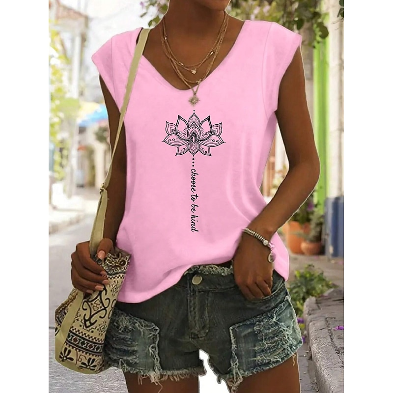 Women's T Shirt Letter Casual Short Sleeve V Neck Regular Tops Daily Print White Pink Summer4