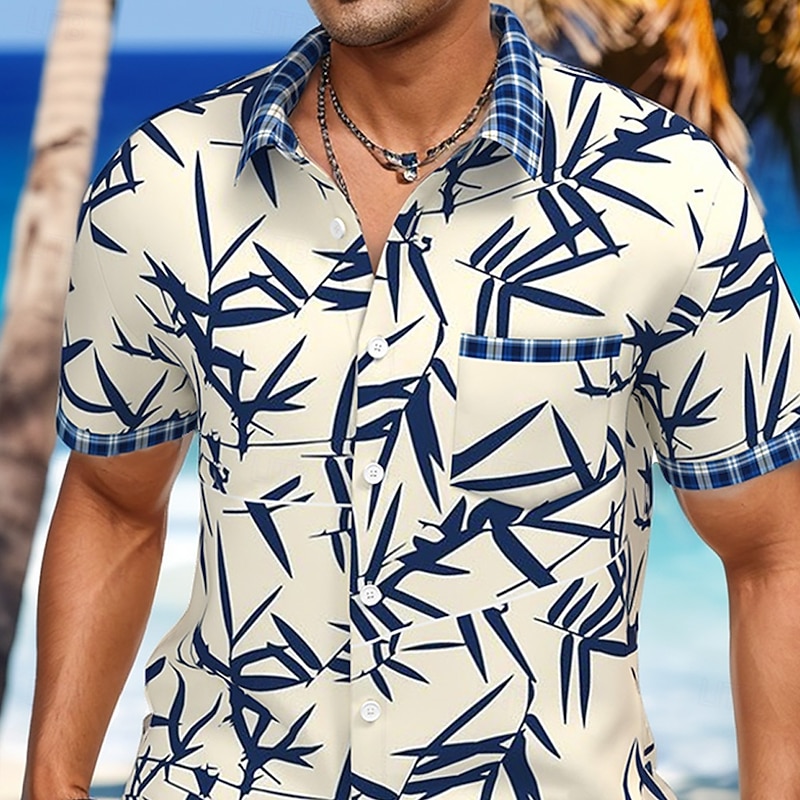 Men's Leaf Tropical Plants Summer Hawaiian Shirt Button Up Shirt Short Sleeve Hawaiian Resort Vacation Holiday Beach Wear Summer Spring Turndown Collared Shirts Front One Pocket Light Khaki2