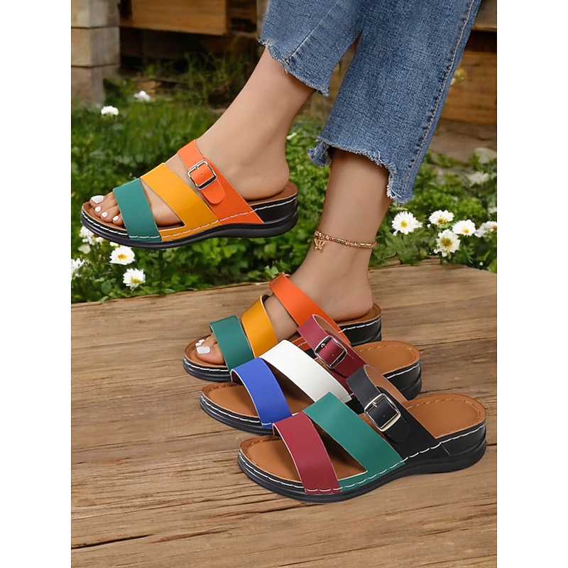 Colorful Strappy Wedge Sandals for Women – Comfortable Slip-On Sandals with Buckle Detail, Perfect for Summer Casual Wear and Outdoor Events