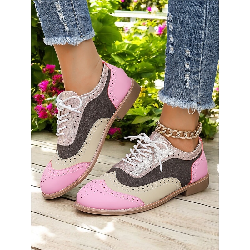 Colorful Pink and Beige Brogue Oxford Sneakers for Women, Casual Lace-Up Shoes with Perforated Detailing, Stylish and Comfortable for Everyday Wear3