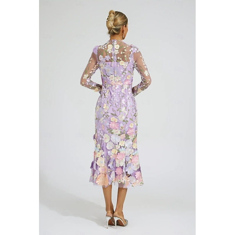 Floral Embroidered A-Line Dress Mother of the Bride Dress Wedding  Elegant Vintage Illusion Neck Ankle Length Tulle Long Sleeve with Appliques Flower2