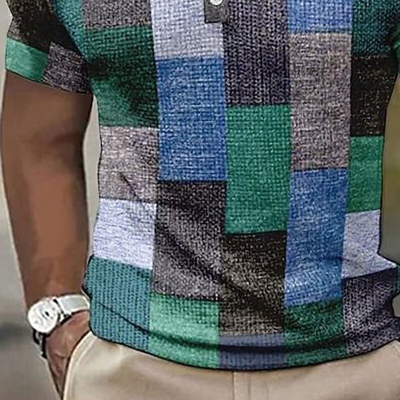 Men's Color Block Waffle Polo Shirts Short Sleeve Polo Shirts Collared Shirts Business Casual Athleisure Outdoor clothing Daily Wear Buttons 3D Print Summer Blue2