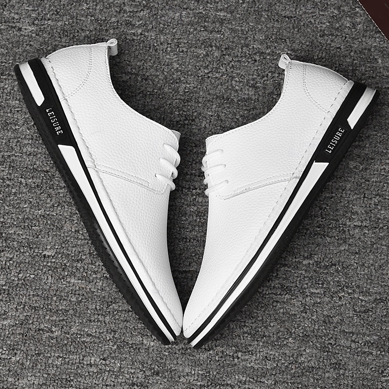 Men's White Faux Leather Casual Lace-Up Sneakers, Comfortable Slip-Resistant Shoes with Rubber Sole, Ideal for Everyday and Leisure Use4