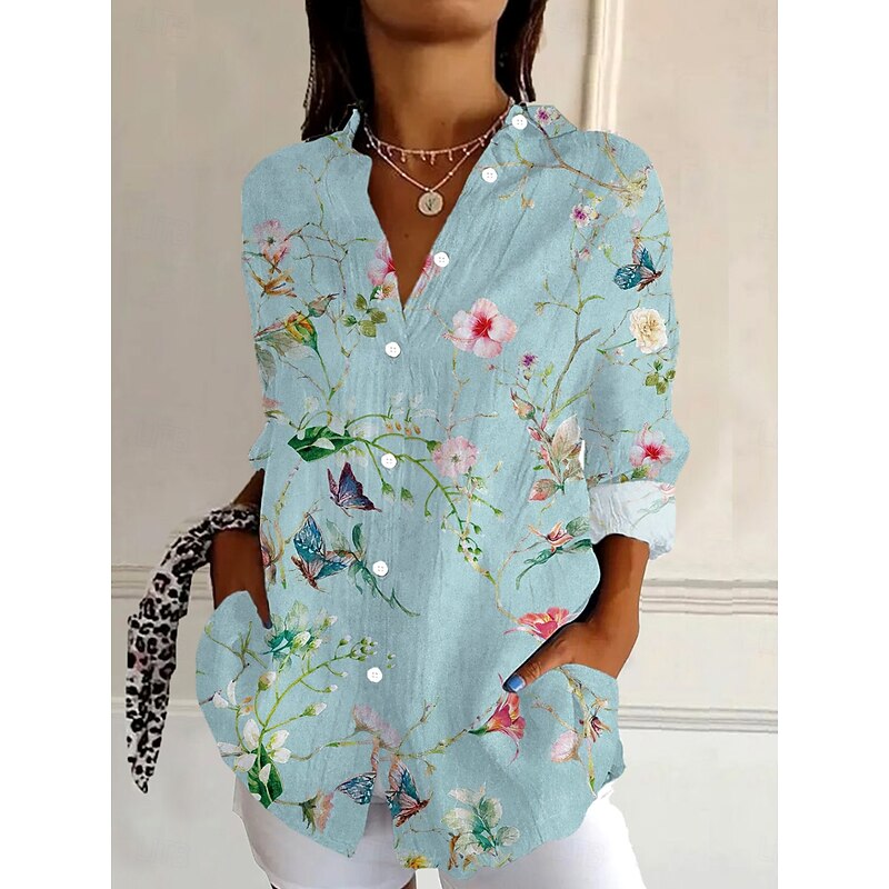 Women's Shirt Button Down Tunic Shirt Collar Long Sleeve Floral Graphic Daily Stylish Retro Vintage 3/4 Length Sleeve Regular Tops Daily Holiday Going out s Light Blue Spring