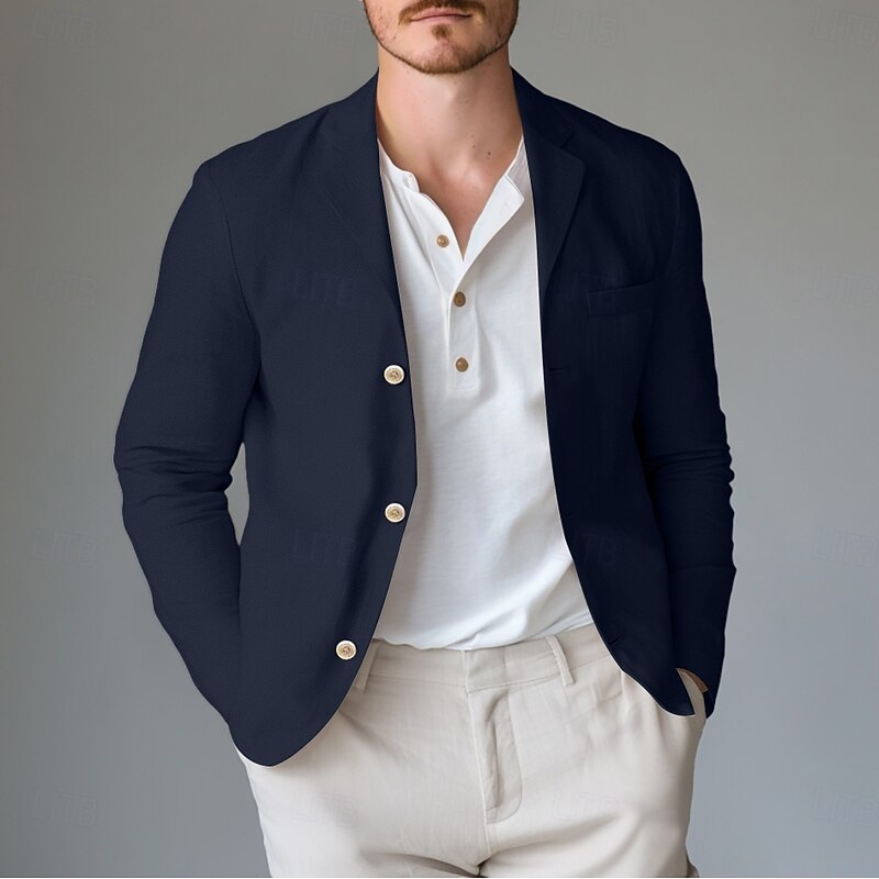 Men's Lightweight Jacket Linen Blazer Outdoor Office Daily Spring & Summer Cotton And Linen Solid Color Comfy Single Breasted Blazer Light Green Navy Blue khaki4