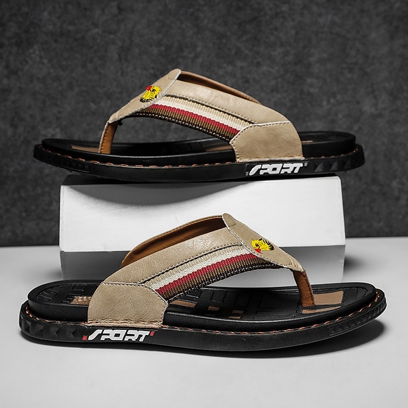 Men's Slippers & Flip-Flops Split Leather Breathable Comfortable Slip Resistant Loafer Black Khaki Beige3