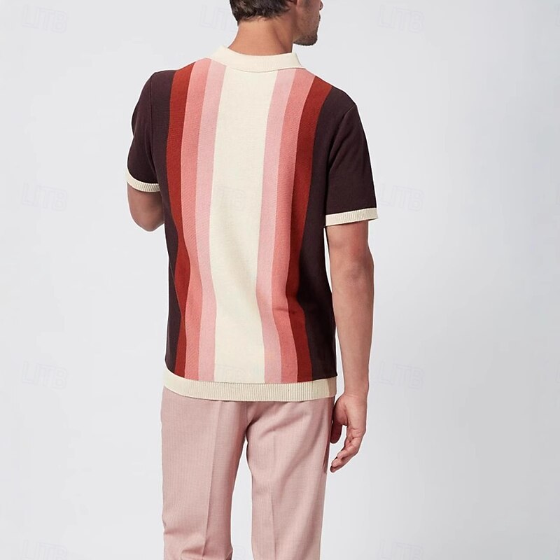 Retro Vintage 1970s Shirt Knit Polo Hippie Button Down Striped Fancy Dress Men's Vacation Party Dailywear Adults' Top Spring & Summer2