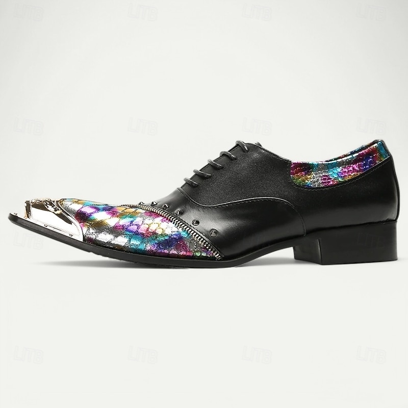 Men's Premium Black Leather Dress Shoes with Gold Tip Multicolor Snake-Pattern and Studded Detail–Stylish Formal Footwear for Special Occasions4